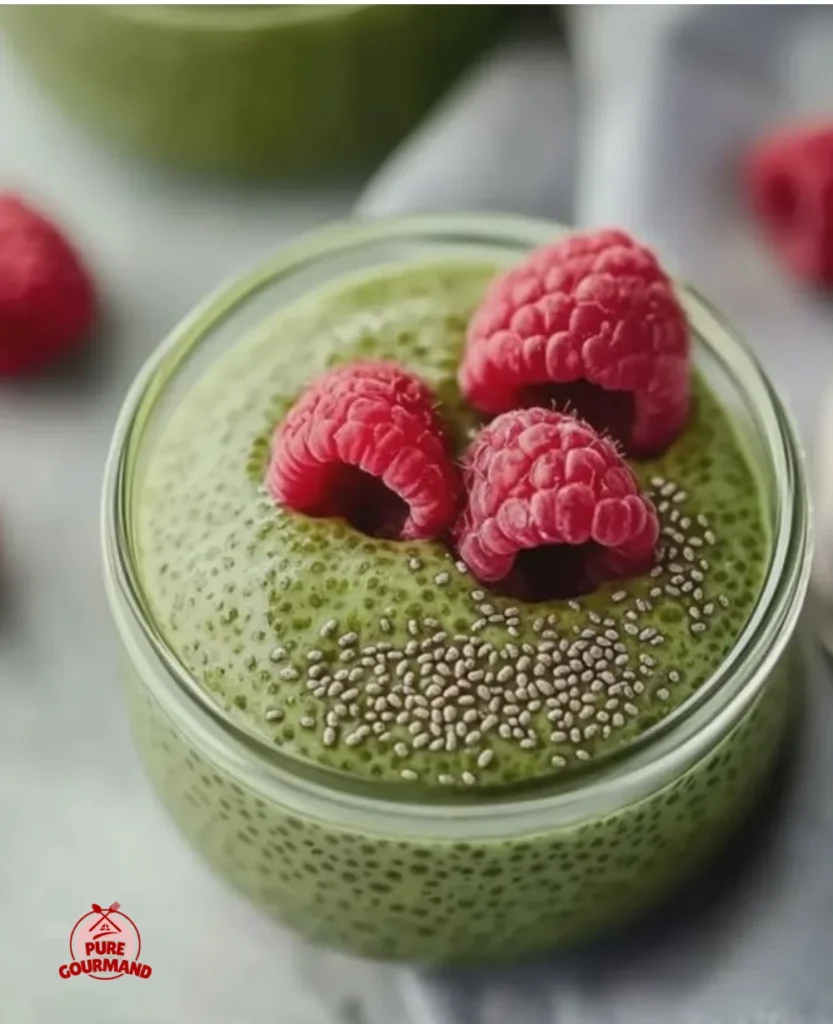 Creamy Green Velvet Matcha Chia Seed Pudding in a bowl, topped with fresh fruits.
