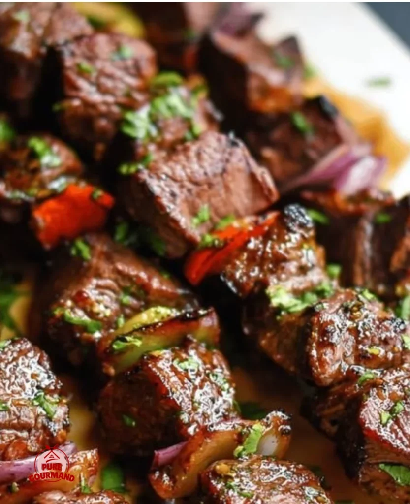 Delicious grilled beef kabobs served on a platter with vegetables.