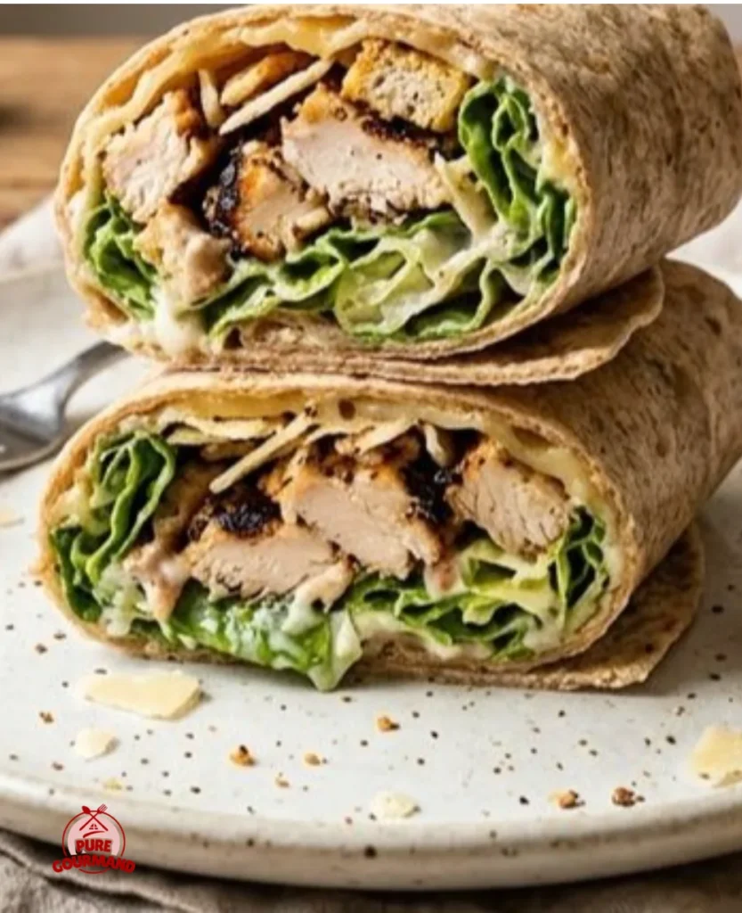 Delicious Grilled Chicken Caesar Wrap with romaine and creamy dressing