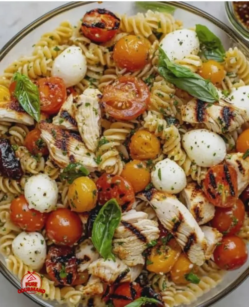 Grilled chicken caprese pasta salad with cherry tomatoes and fresh basil