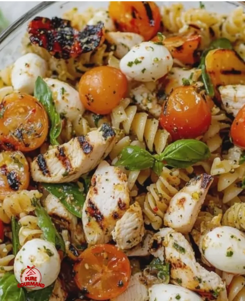 Grilled chicken caprese pasta salad served in a bowl with fresh ingredients