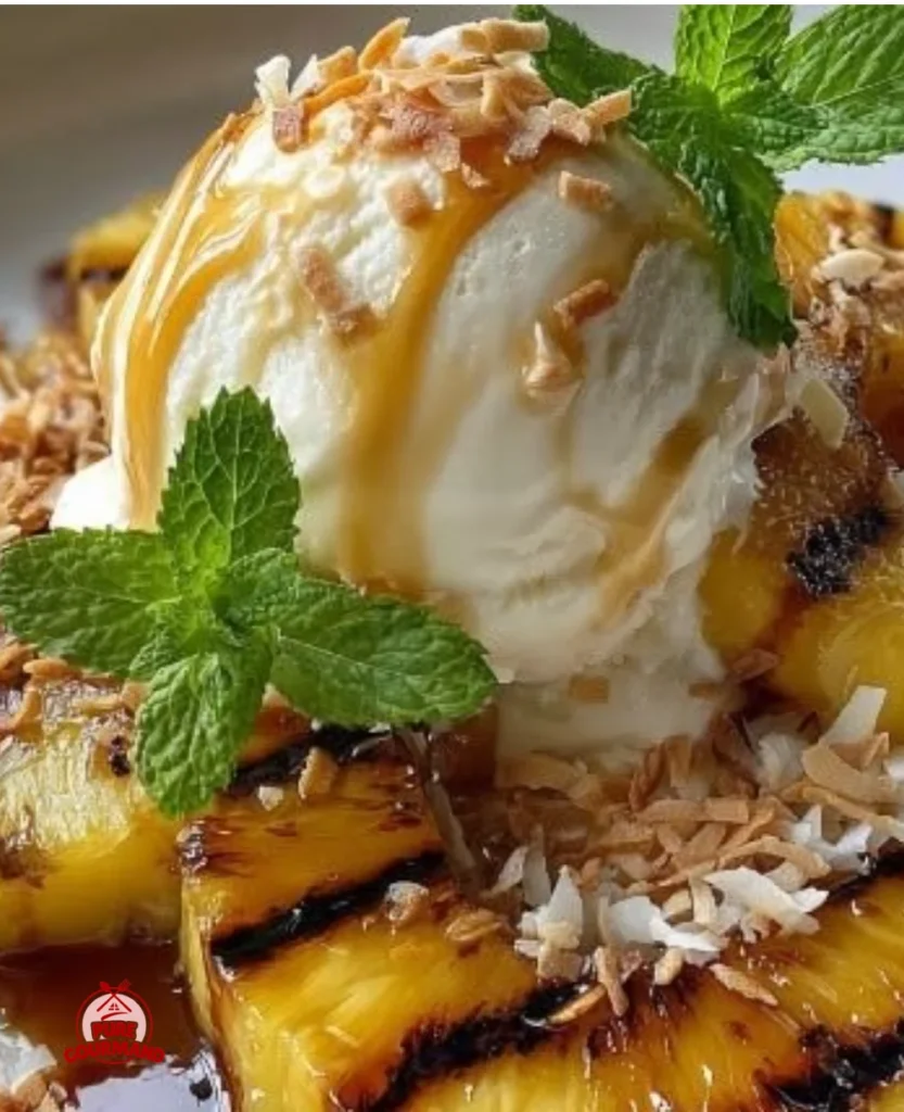 Delicious Grilled Pineapple Sundaes with caramel and ice cream
