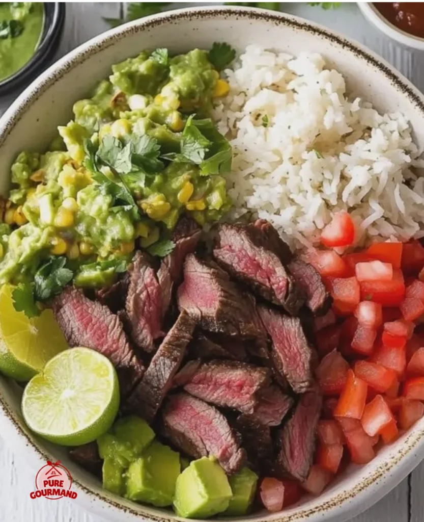 Delicious grilled steak burrito bowl garnished with fresh ingredients