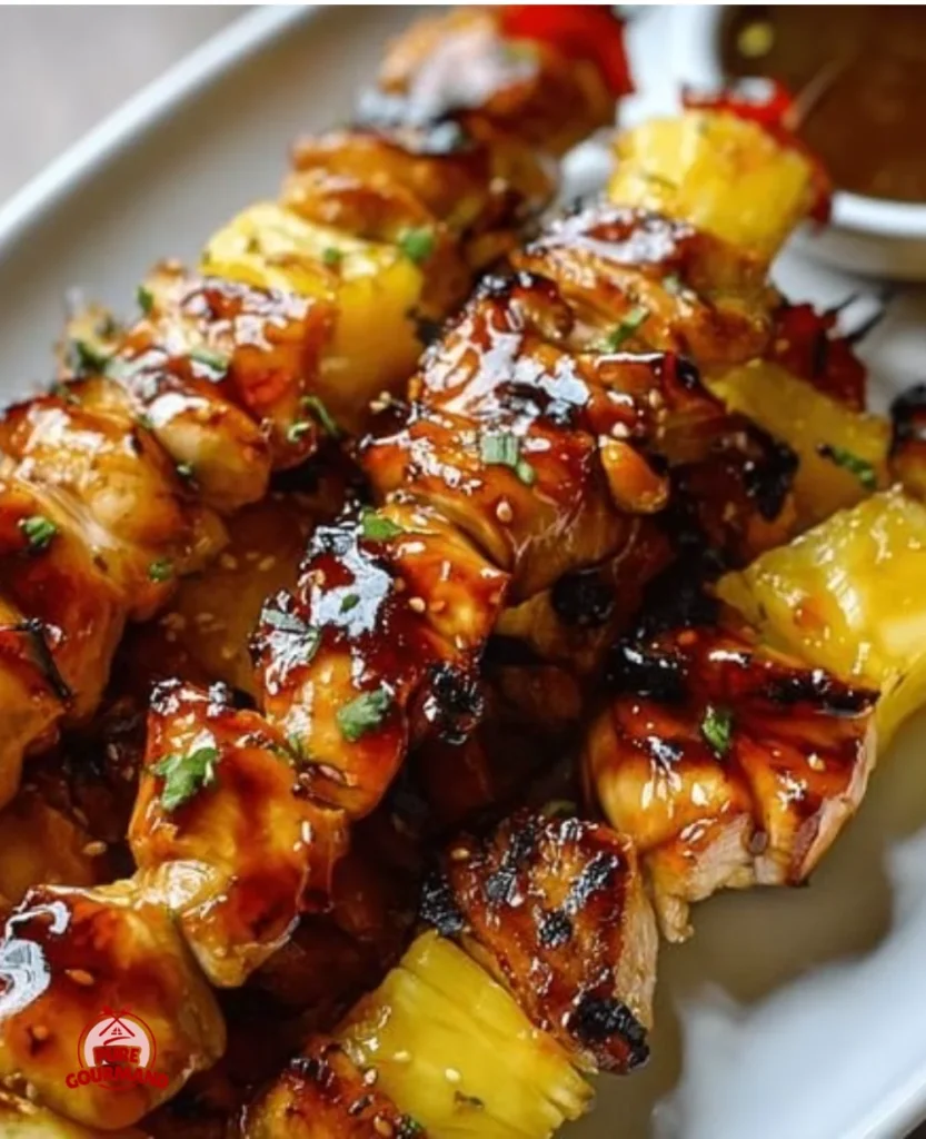 Grilled teriyaki chicken pineapple kabobs ready to enjoy in the summer sun.