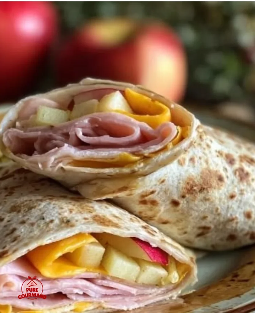Ham Apple Cheese Wraps sliced and served on a plate