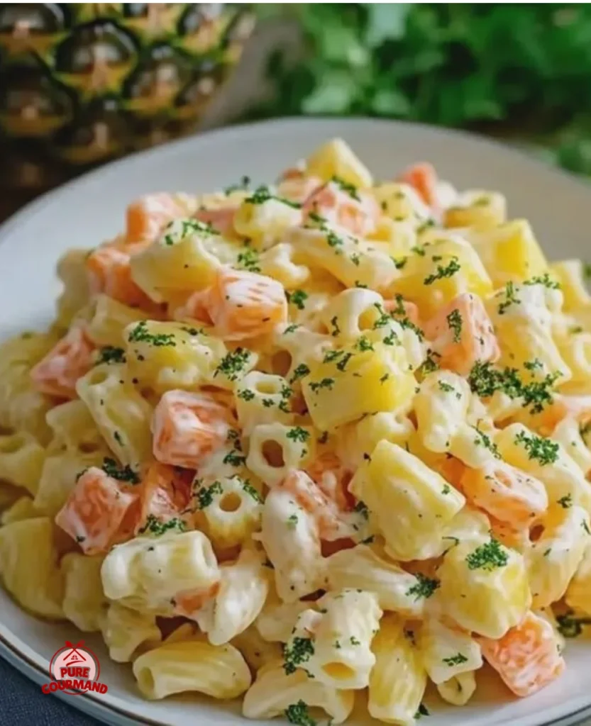 Bowl of Hawaiian pasta salad with tropical ingredients and colorful vegetables