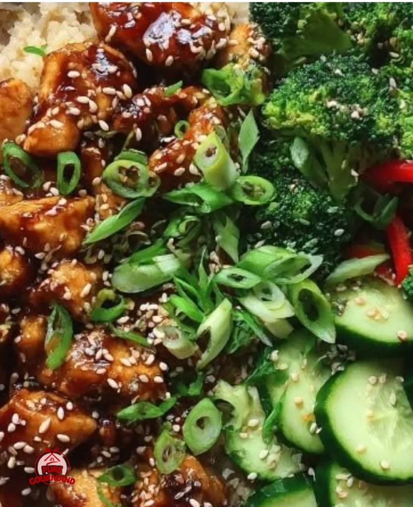 Delicious healthy sticky chicken bowls served with fresh vegetables and rice.