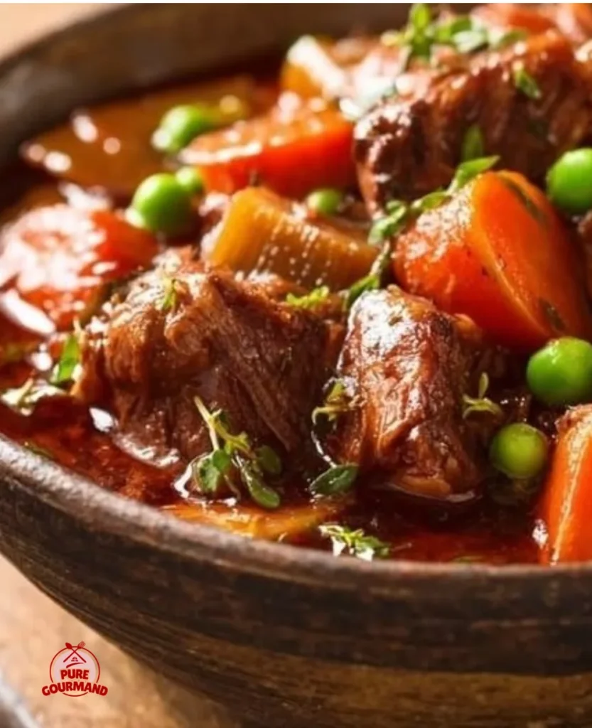 Hearty rabbit stew in a rustic bowl with fresh herbs and vegetables