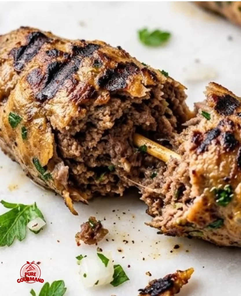Grilled Herbed Beef Kafta Kebabs on a platter with fresh herbs