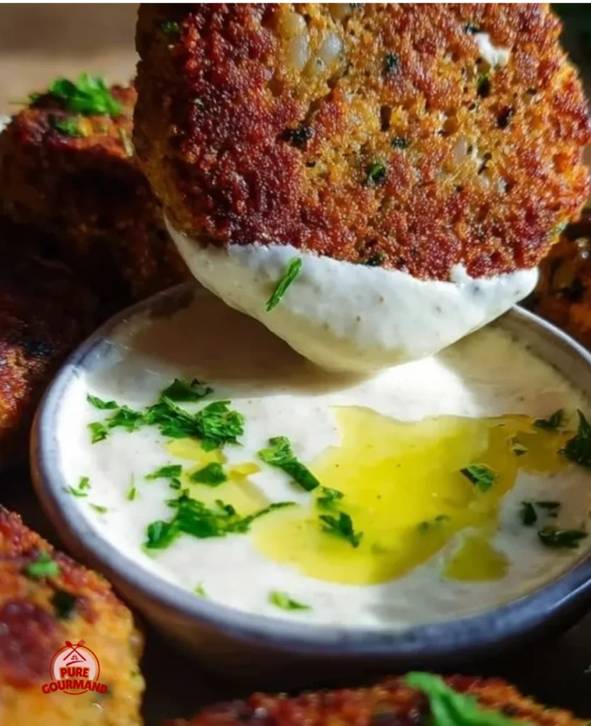 High protein lentil patties with lemon tahini dip on a serving plate