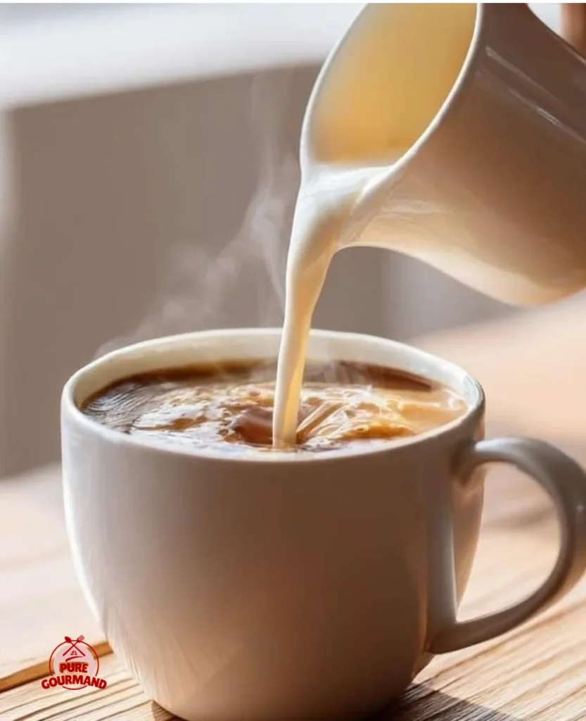 Homemade almond milk coffee creamer poured into a cup of coffee