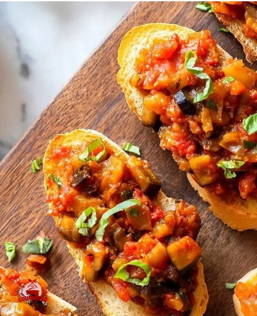 Delicious homemade Eggplant Bruschetta topped with fresh herbs and tomatoes.