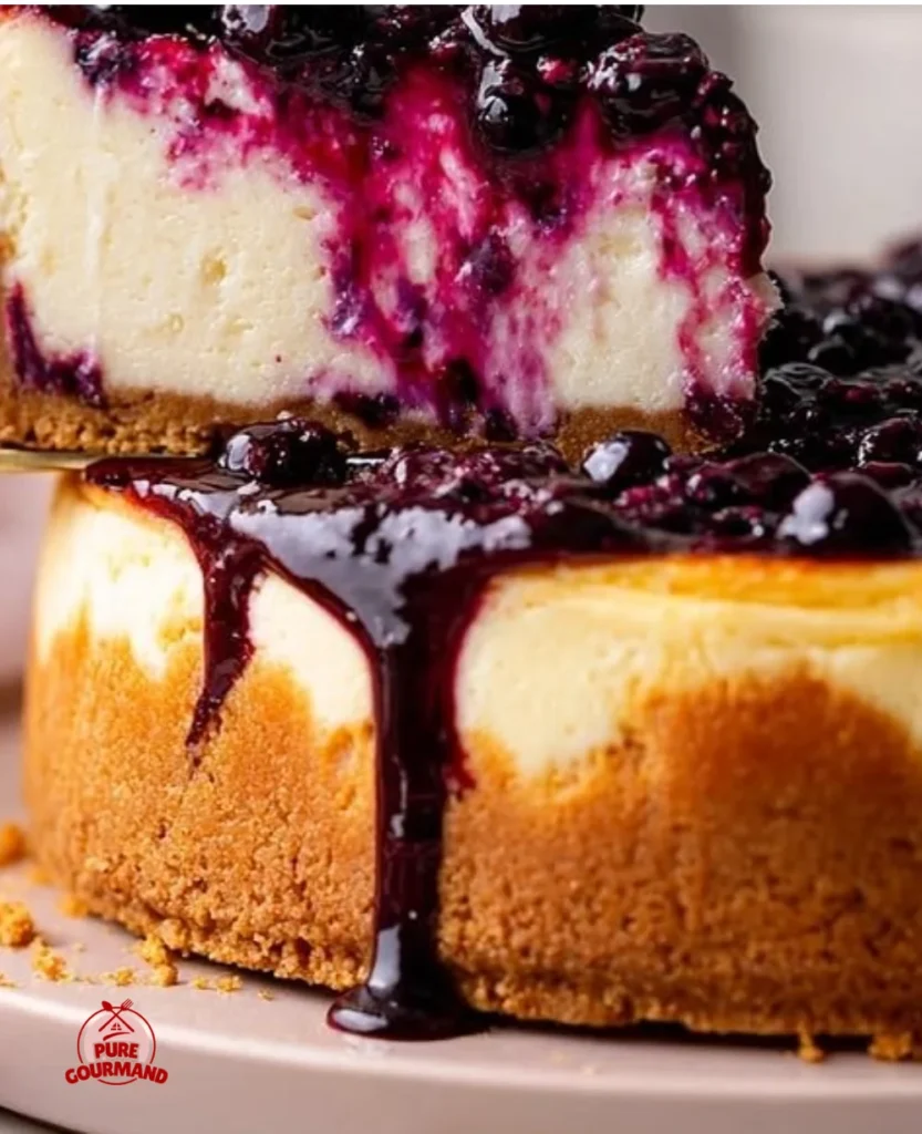Delicious homemade huckleberry cheesecake topped with fresh berries