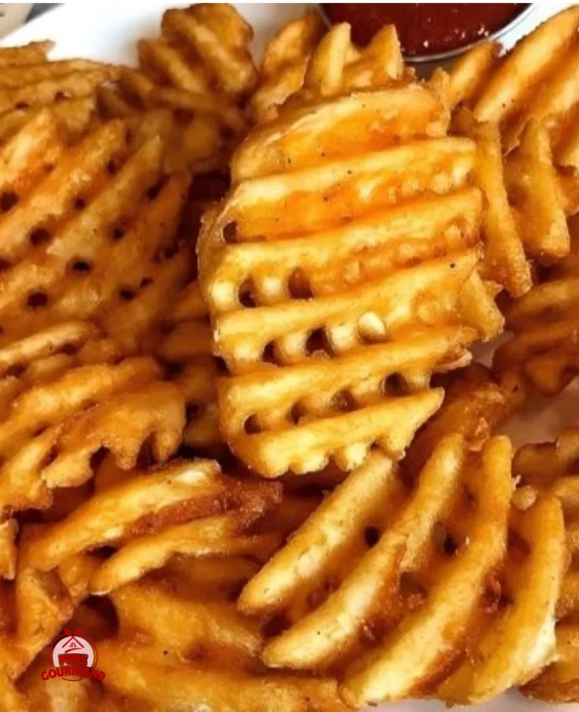 Crispy homemade waffle fries served in a bowl with dipping sauce.