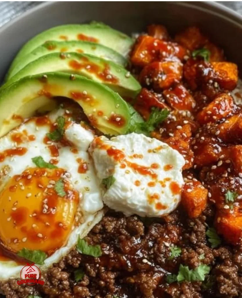 Delicious hot honey ground beef bowls topped with fresh ingredients and glaze