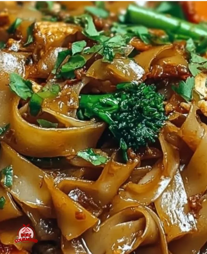 A plate of delicious Thai Drunken Noodles with fresh vegetables and herbs.