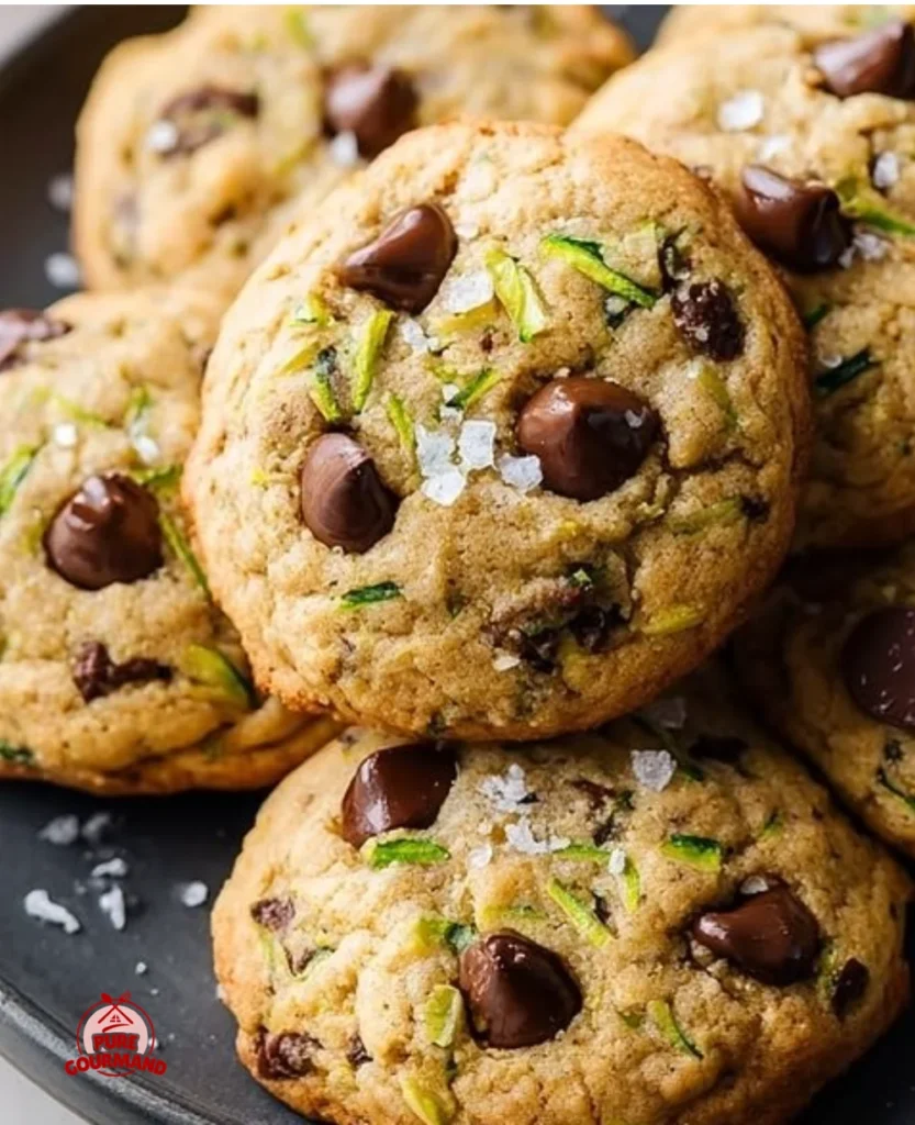 Delicious chocolate chip zucchini cookies stacked on a plate.
