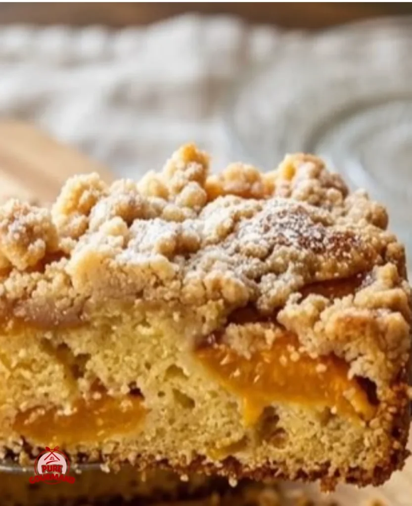 Slice of Italian Peach Crumb Cake with fresh peaches and crumb topping