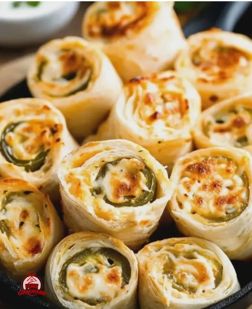 Jalapeño Cream Cheese Pinwheels on a platter, showcasing creamy filling and flaky wraps