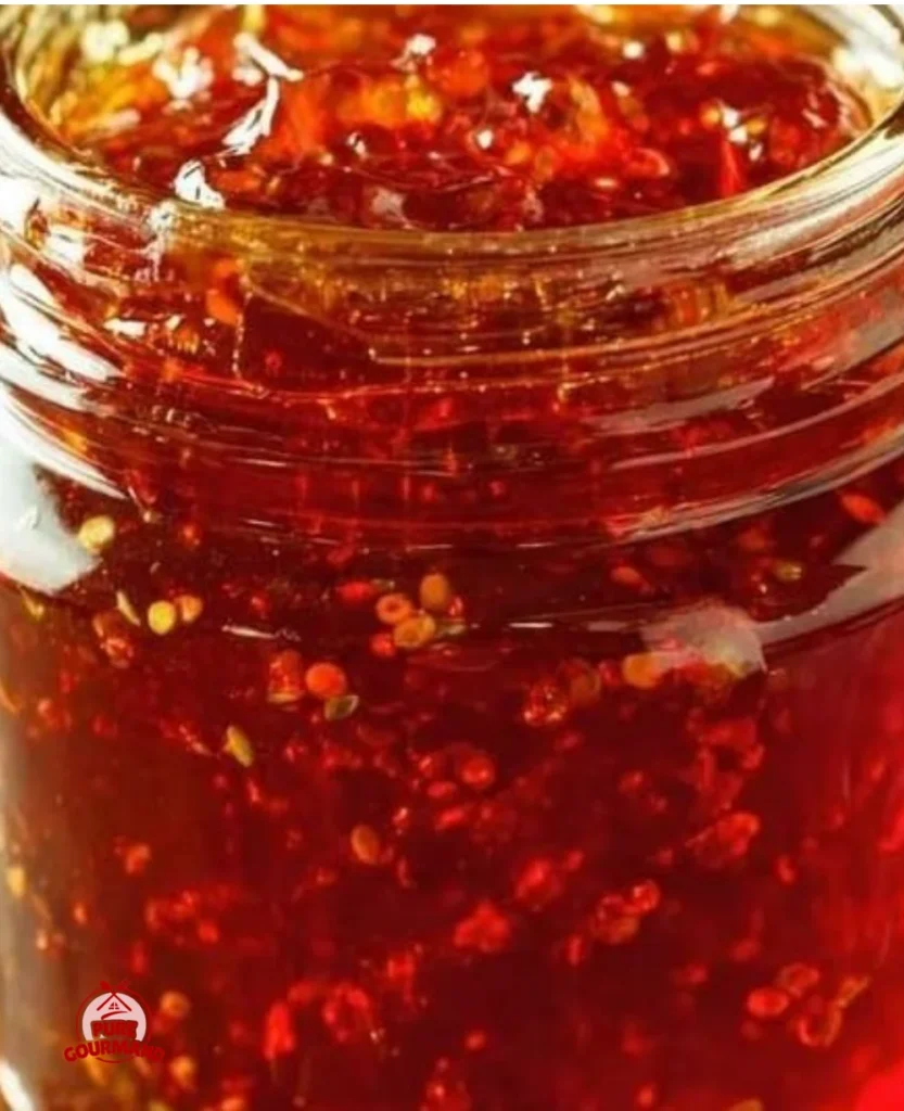 Jar of homemade jalapeno pepper jelly with fresh jalapenos and bread