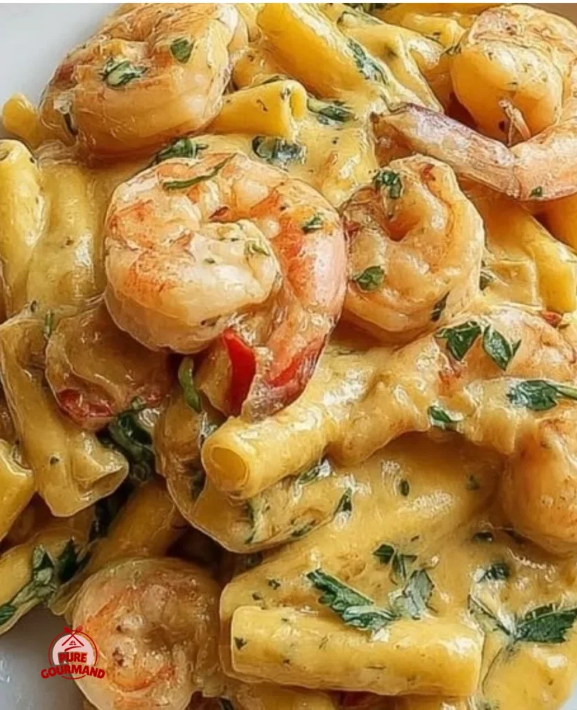 Jamaican Shrimp Rasta Pasta with colorful vegetables and shrimp in a creamy sauce
