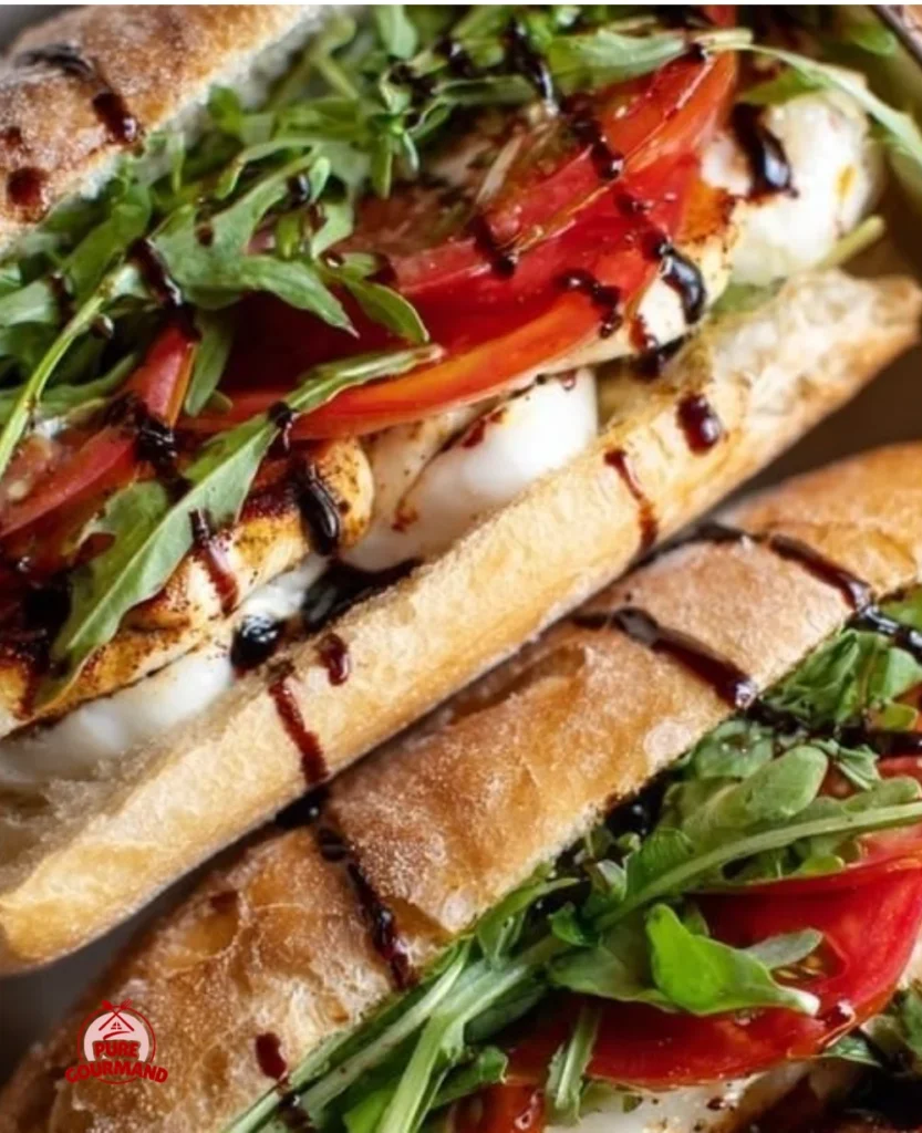 Deliciously stacked Juicy Caprese Chicken Sandwich with fresh ingredients