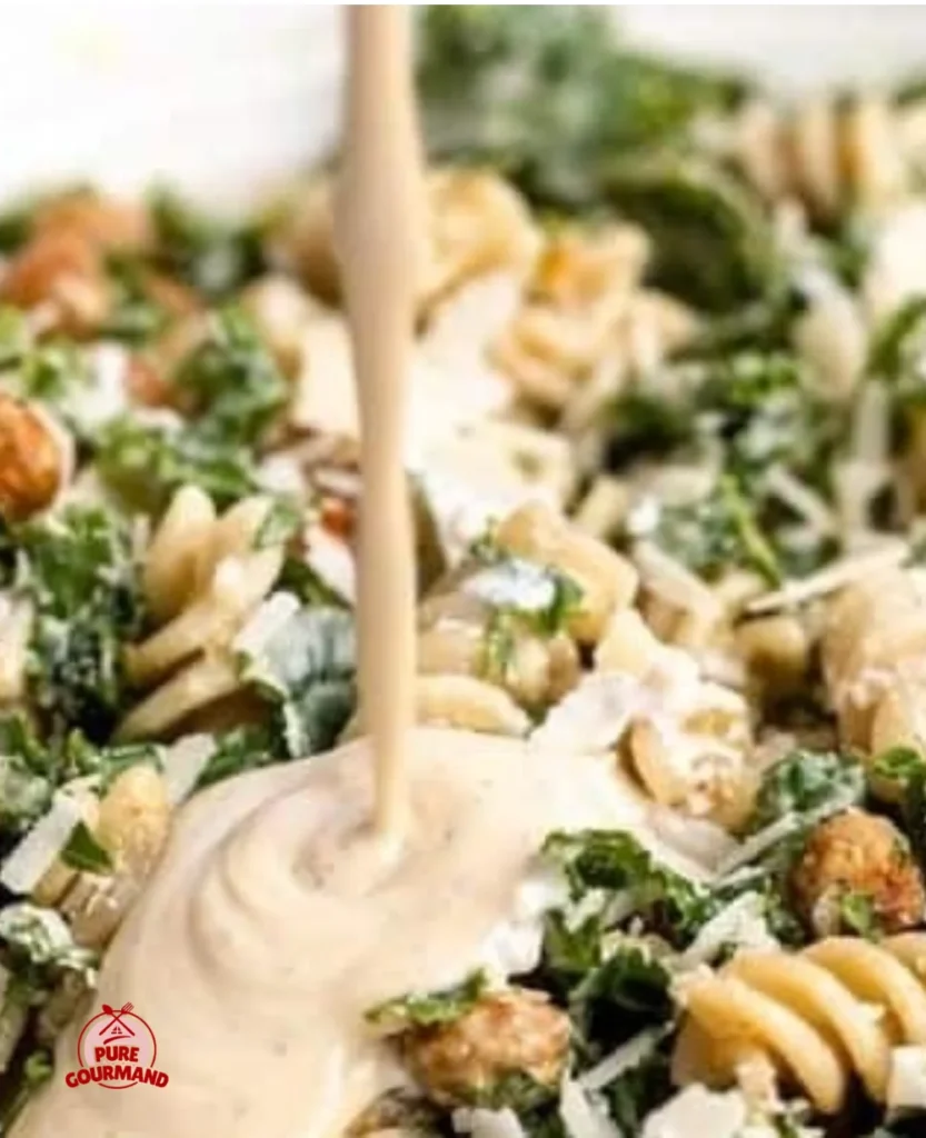 Delicious Kale Caesar Pasta Salad with fresh ingredients and a creamy dressing