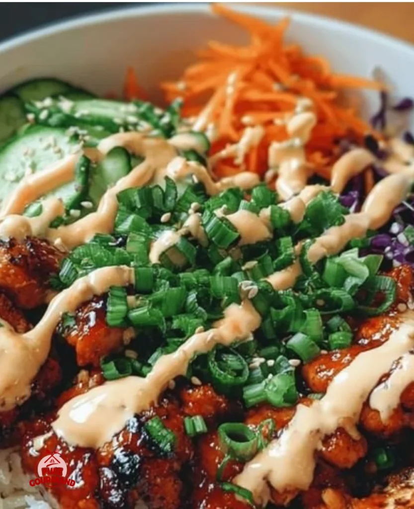 Korean BBQ Chicken Bowls with Gochujang Cream Sauce served in a bowl