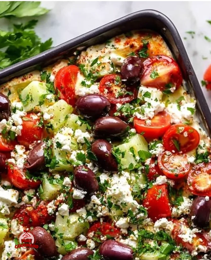 Layered Greek hummus dip served in a colorful dish with fresh ingredients