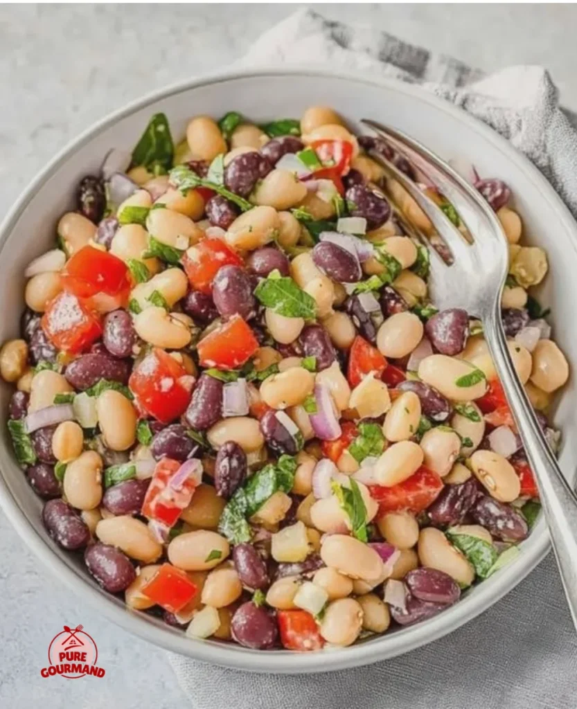 Lemon Basil Three Bean Salad with fresh ingredients in a bowl