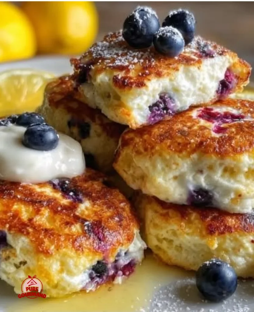 Delicious lemon blueberry cottage cheese pancake bites on a plate