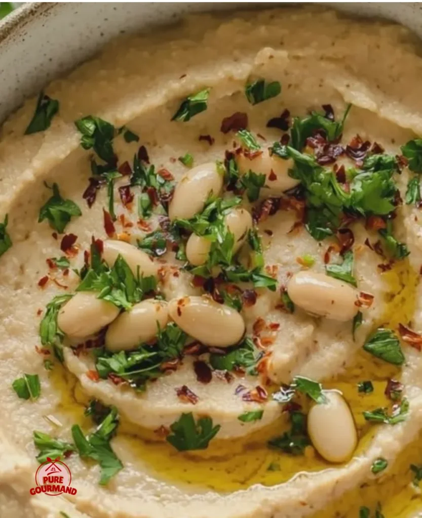 Creamy Lemon Garlic White Bean Dip served in a bowl with fresh herbs.