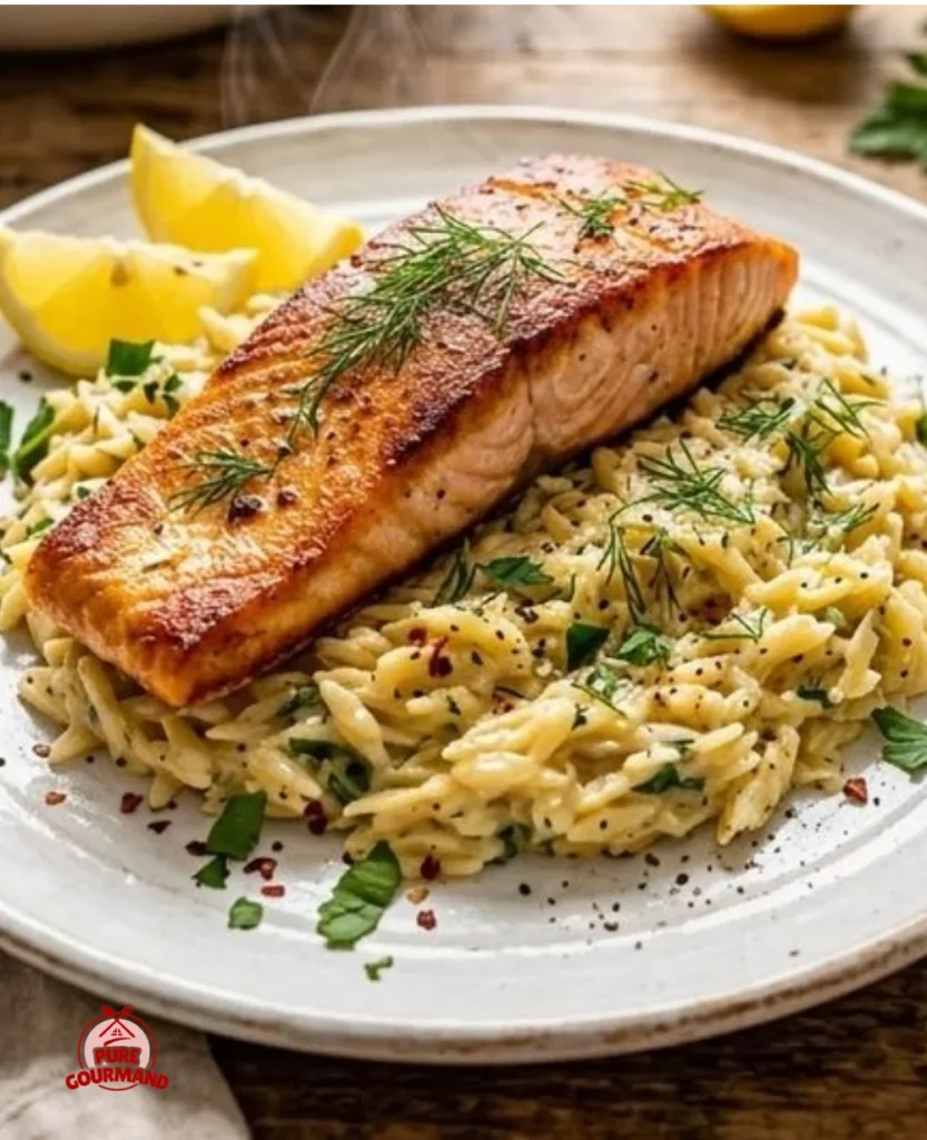 Lemon Orzo Salmon Skillet Dinner featuring fresh salmon and orzo pasta.