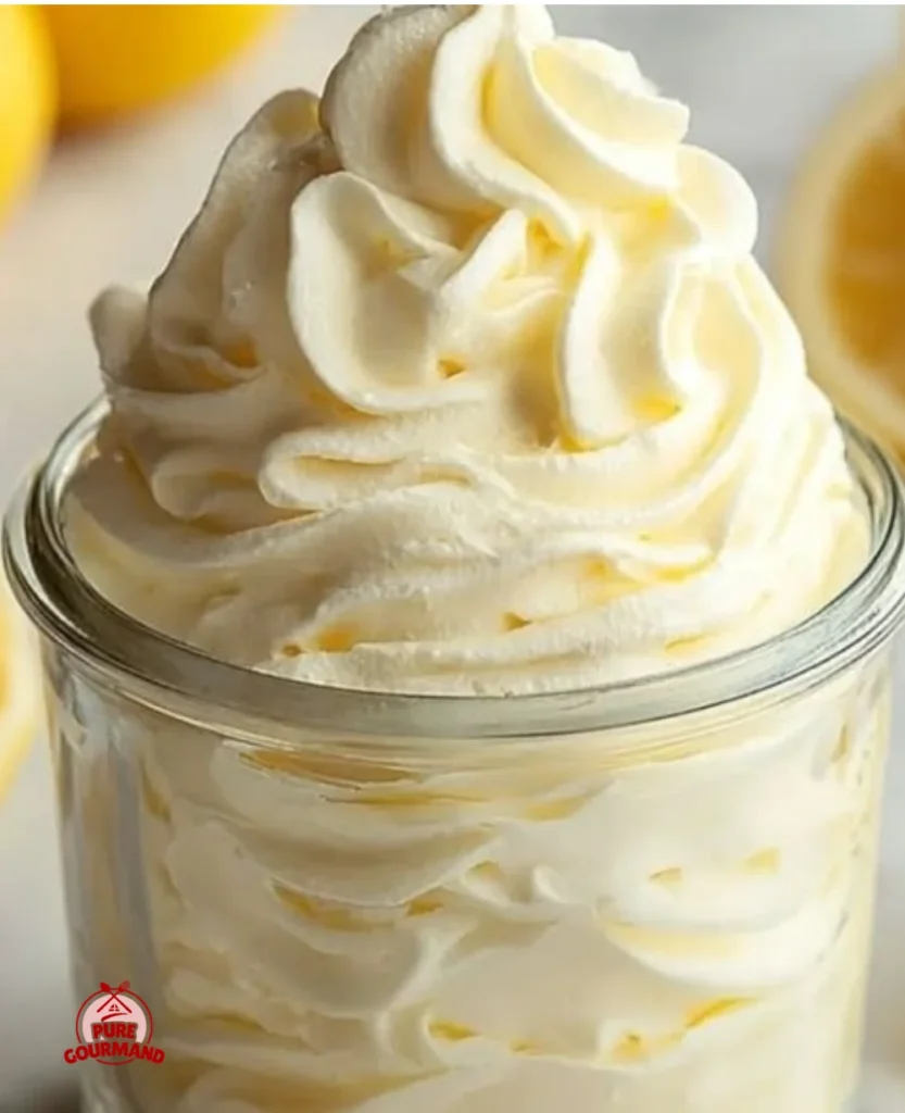 A bowl of fluffy lemon whipped cream topping on a dessert