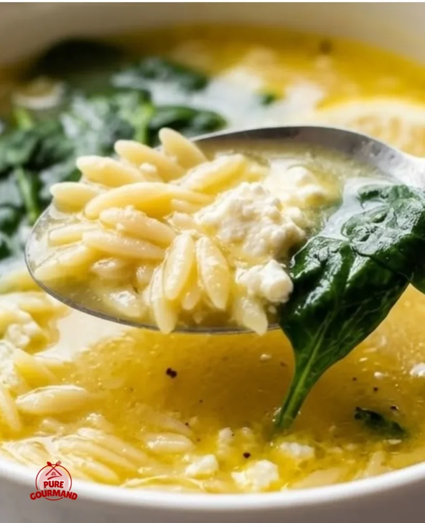 A delicious bowl of Lemony Orzo Soup garnished with fresh herbs.