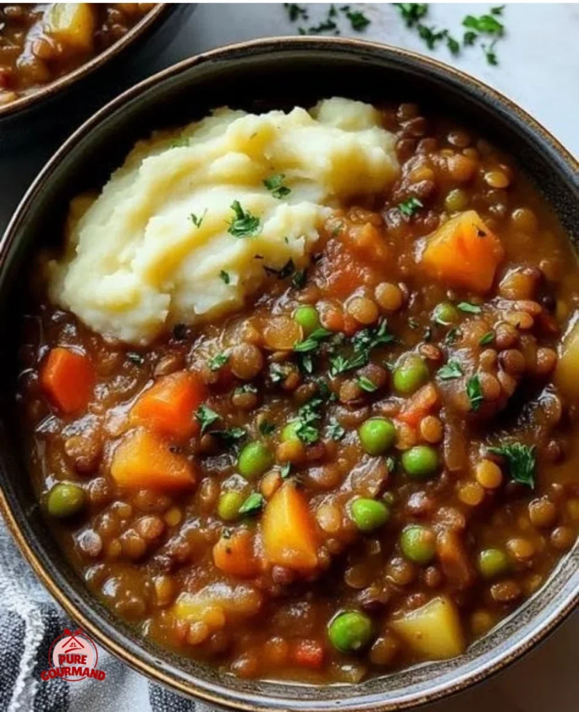 Delicious Lentil Vegetable Stew in a bowl with fresh ingredients