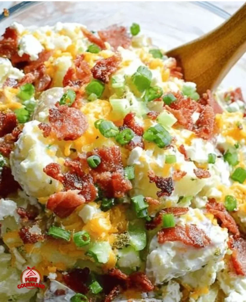 Loaded baked potato salad topped with crispy bacon and green onions