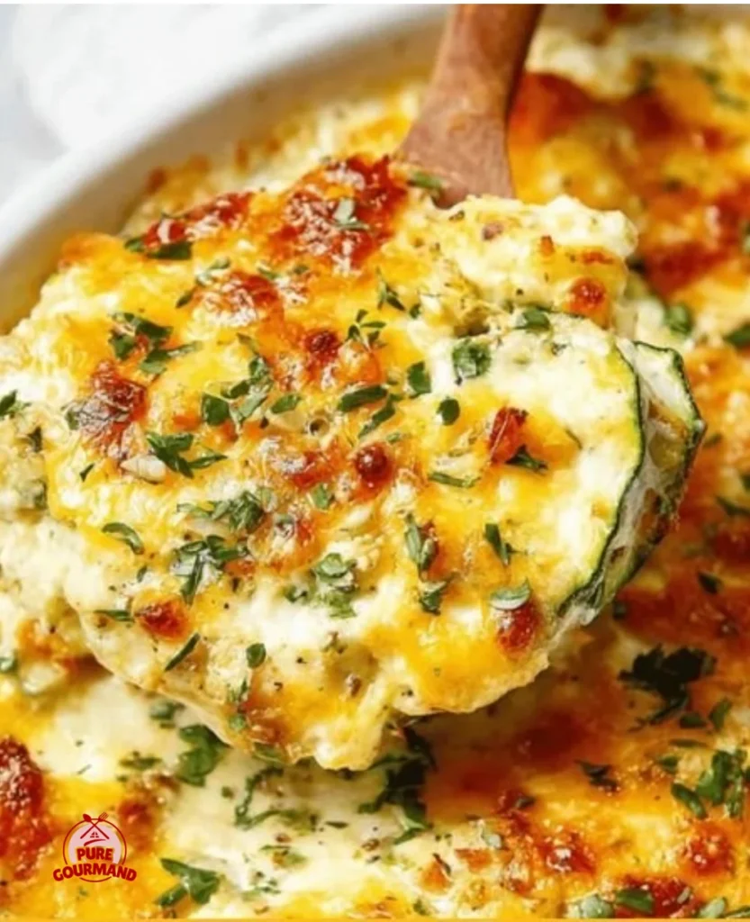 A hearty loaded zucchini casserole topped with melty cheese, perfect for dinner.