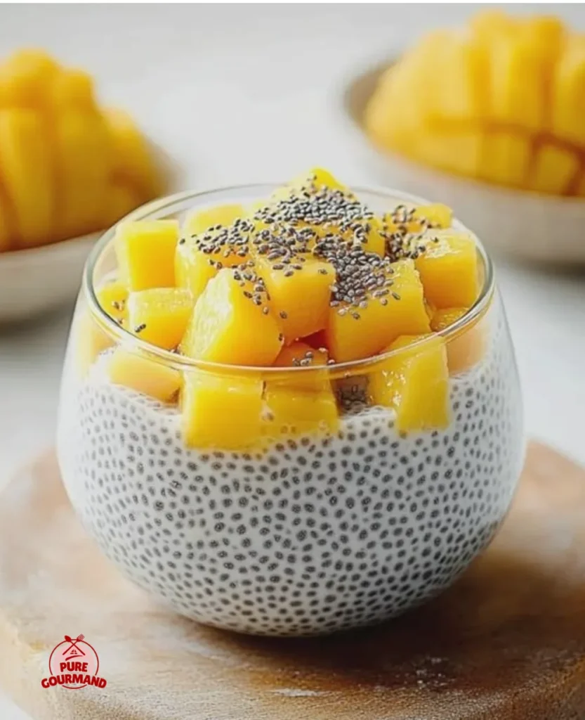 Mango Chia Pudding topped with fresh mango slices and mint leaves