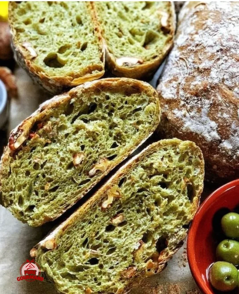 Freshly baked Matcha Walnut Ciabatta loaf with green tea and walnuts