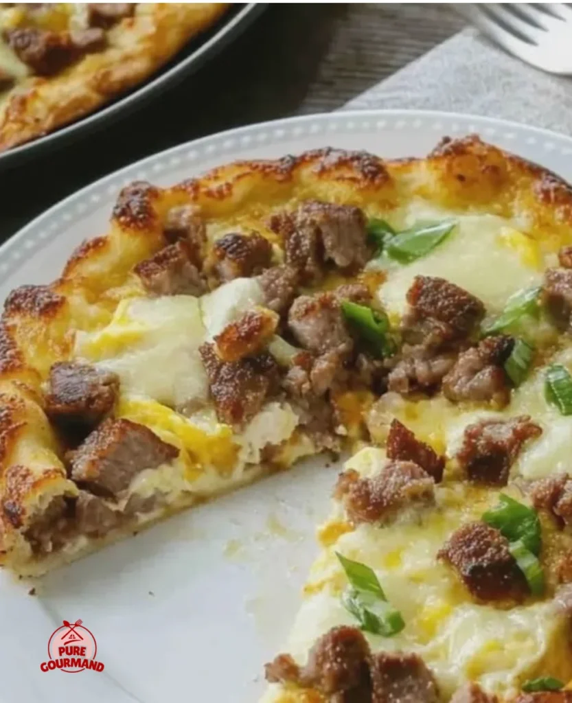 Meat Lovers Keto Breakfast Pizza topped with cheese, bacon, and sausage