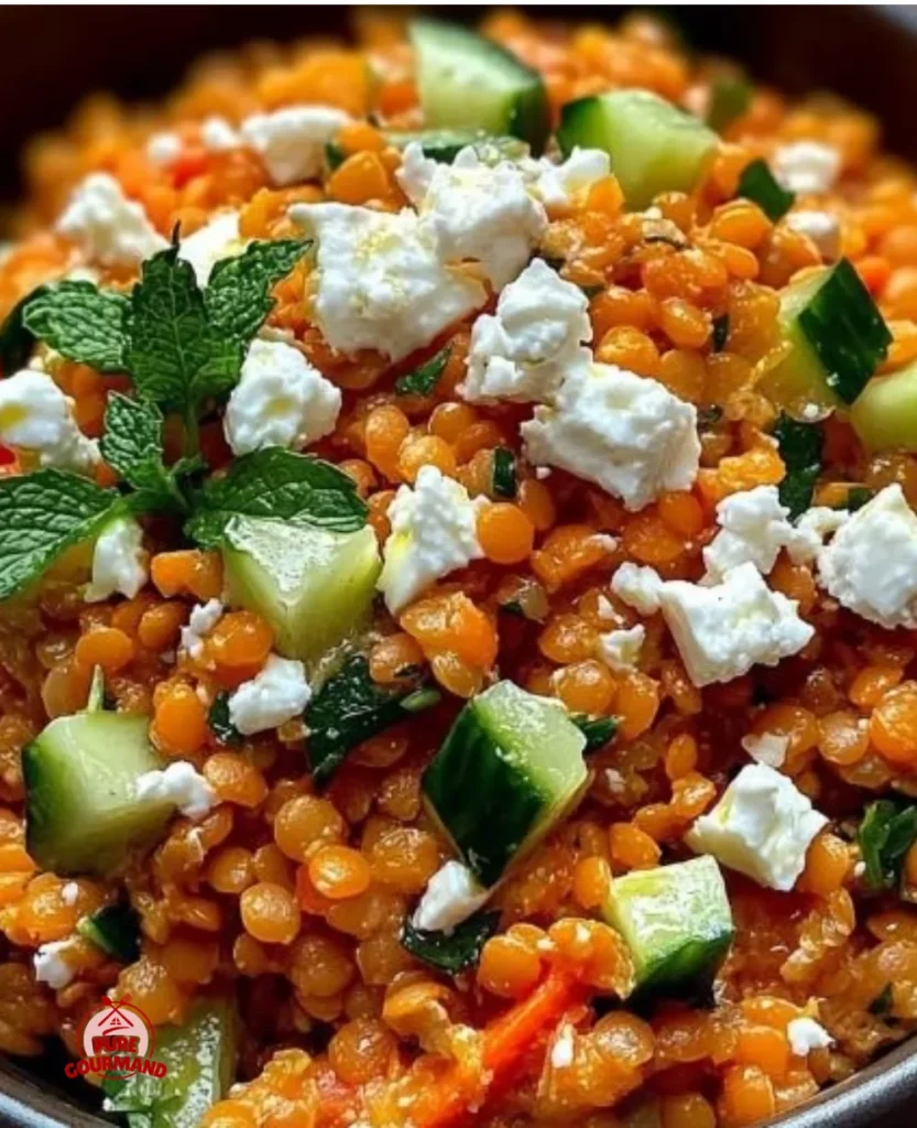 Mediterranean red lentil salad with feta and fresh vegetables in a bowl