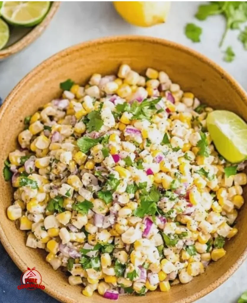 Bowl of Mexican Street Corn Salad topped with cheese, cilantro, and lime.