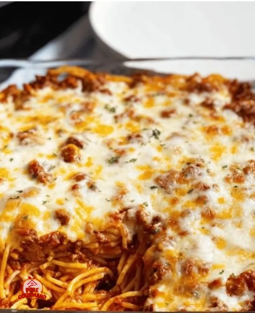 Delicious Million-Dollar Spaghetti Casserole served in a baking dish