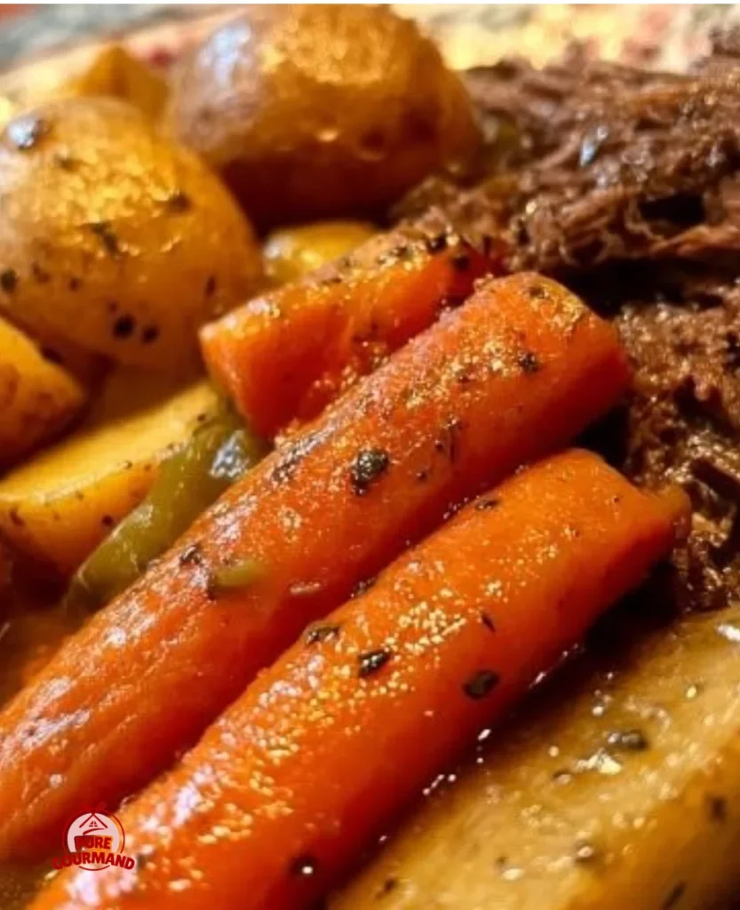 Delicious Mississippi Pot Roast served with vegetables and gravy in a slow cooker.