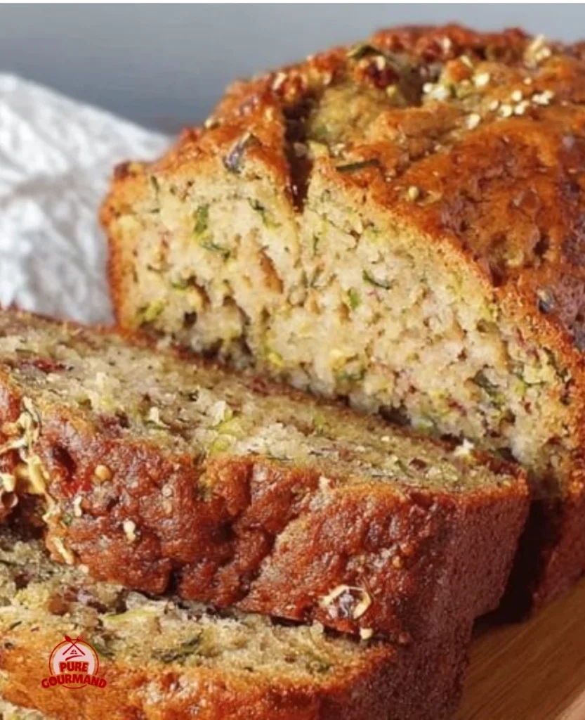 Slice of moist banana zucchini bread on a plate with a fork