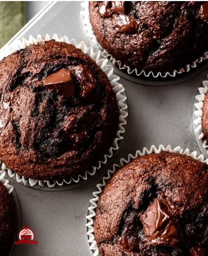 Moist double chocolate zucchini muffins fresh out of the oven by Jess Loves Cooking