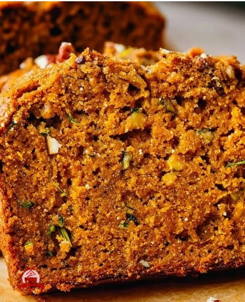 Moist pumpkin banana zucchini bread slice on a rustic wooden table