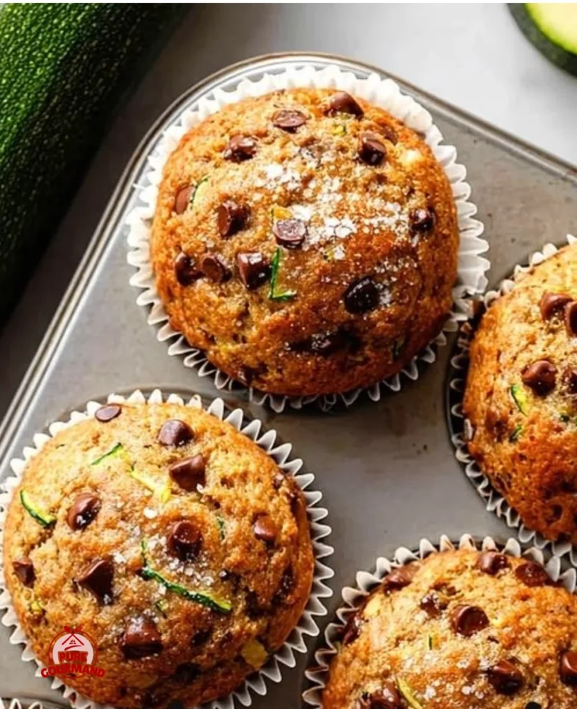 Moist zucchini chocolate chip muffins on a plate