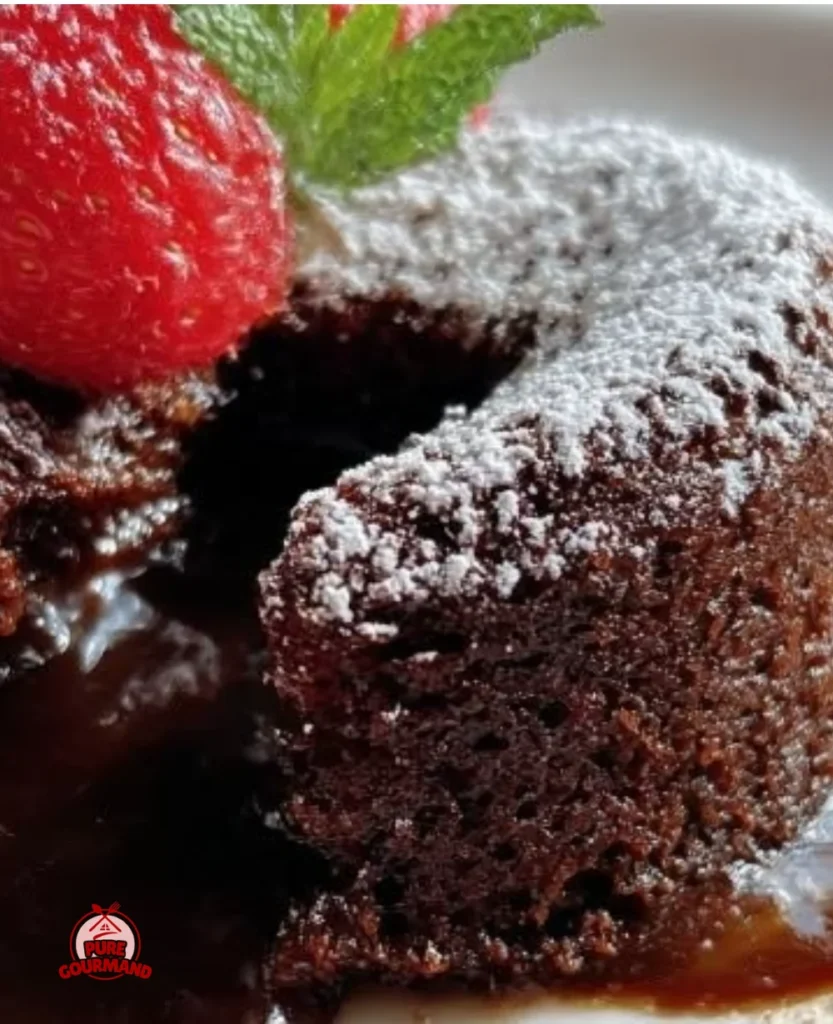 Crockpot chocolate lava cake with molten chocolate center served in a bowl.